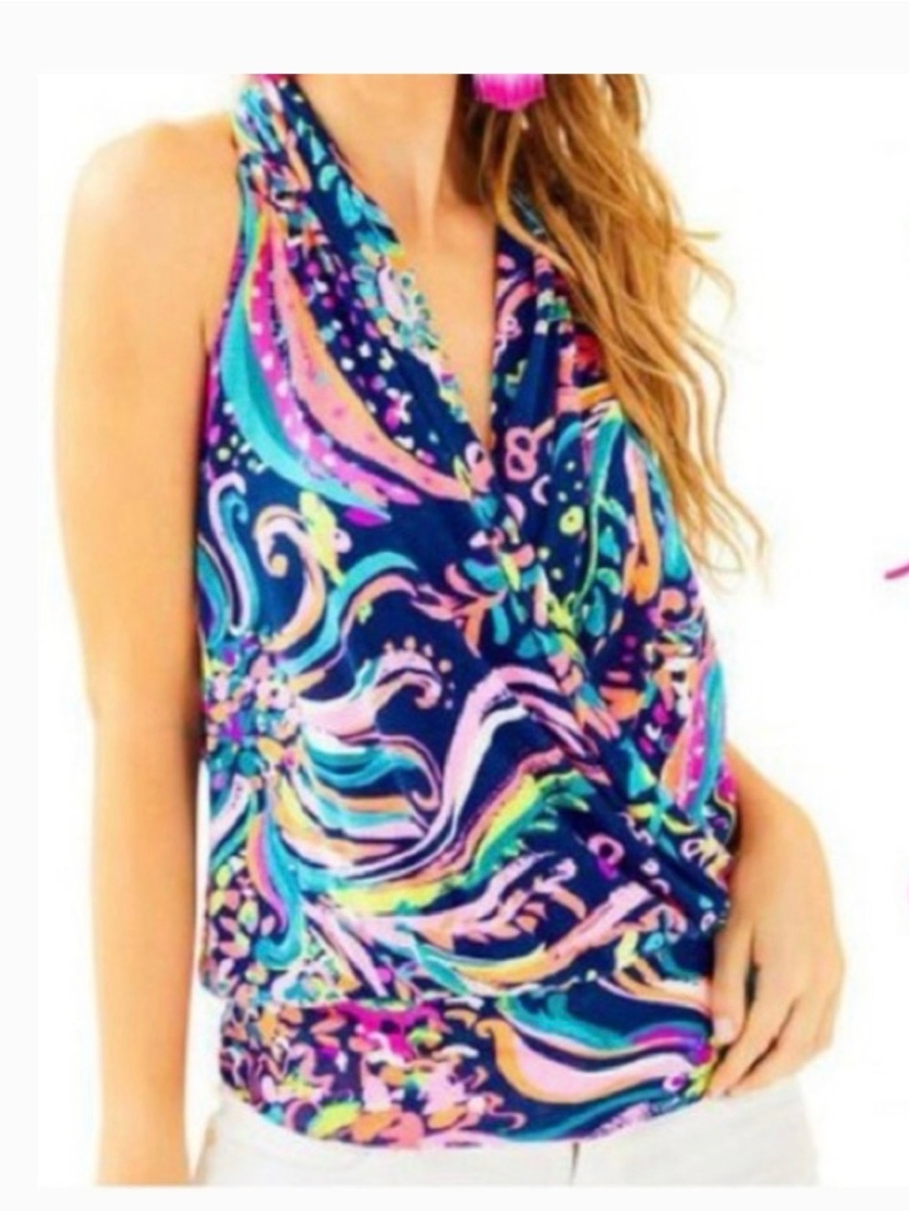 Lilly Pulitzer Heron Halter Tank Top Faux Wrap Jersey Knit Multi Beach Loot XXS
